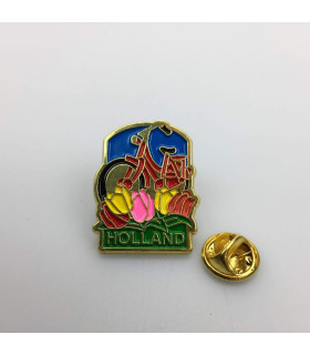 Pin rode fiets met tulpen Holland goud