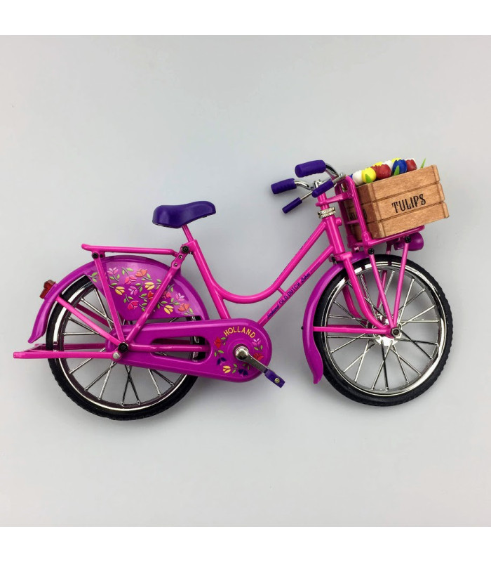 Miniatuurfiets roze met tulpen 23 x 13 cm