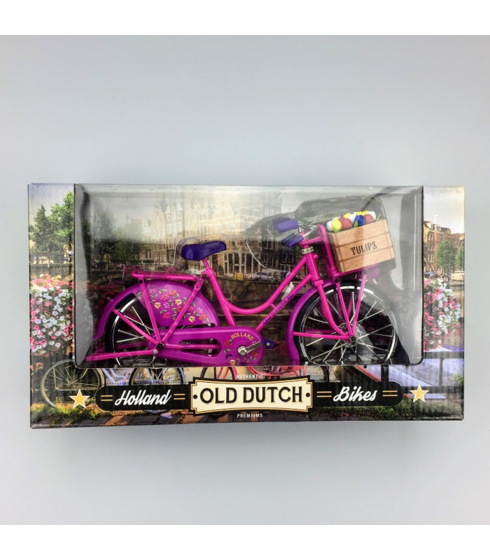 Miniatuurfiets roze met tulpen 23 x 13 cm
