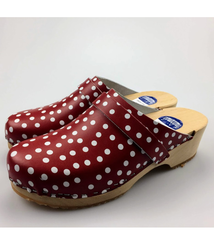 Hippe lederen damesklompen | open hiel rood-wit stip