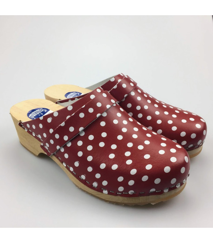 Hippe lederen damesklompen | open hiel rood-wit stip