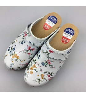 Hippe lederen damesklompen | open hiel wit bloem