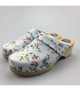 Hippe lederen damesklompen | open hiel wit bloem