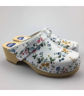 Hippe lederen damesklompen | open hiel wit bloem