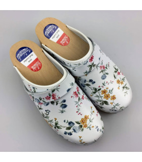 Hippe lederen damesklompen | open hiel wit bloem