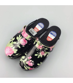 Hippe lederen damesklompen | open hiel zwart bloem