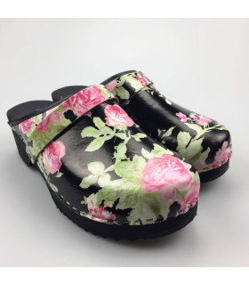 Hippe lederen damesklompen | open hiel zwart bloem