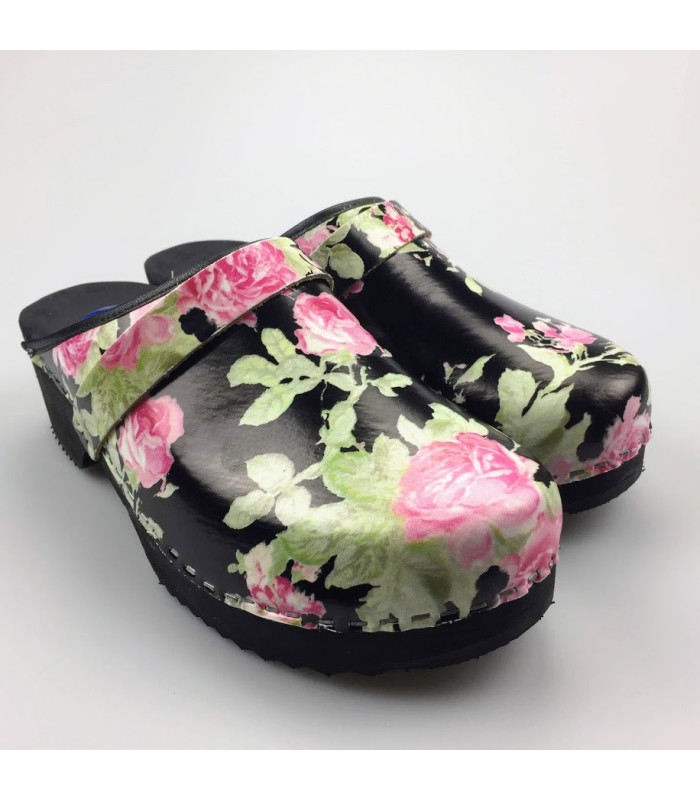 Hippe lederen damesklompen | open hiel zwart bloem