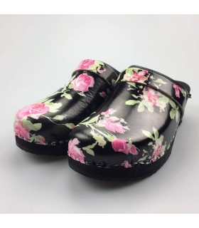 Hippe lederen damesklompen | open hiel zwart bloem