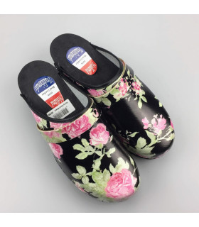 Hippe lederen damesklompen | open hiel zwart bloem