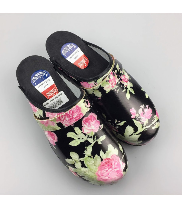 Hippe lederen damesklompen | open hiel zwart bloem