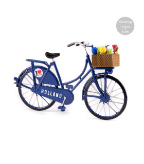 Miniatuurfiets met tulpjes blauw Holland 13,5 x 8 cm