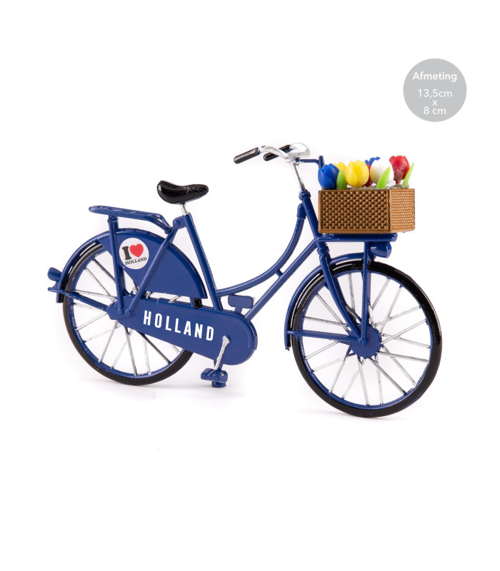 Miniatuurfiets met tulpjes blauw Holland 13,5 x 8 cm