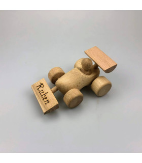 Race auto van houten klompje met ingebrande tekst