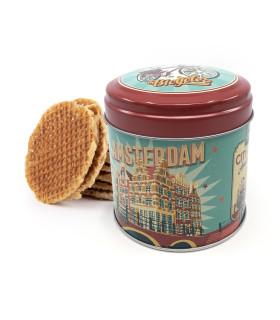 Blik met stroopwafel Amsterdam huisjes fiets vintage