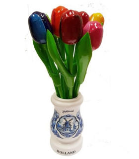 Boeket van 9 houten tulpjes 20 cm in delftsblauw vaasje