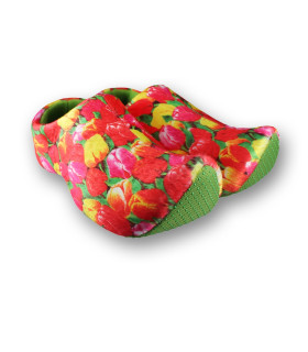 Klomppantoffels Groen met Tulpenprint + sleutelhanger met 2 gele klompjes