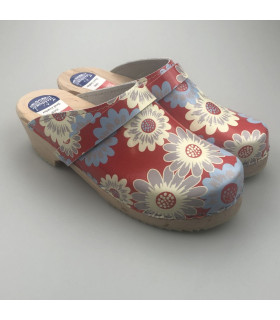 Hippe lederen damesklompen | open hiel rood bloem