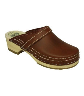 Simson lederen klompen licht bruin open hiel houten zool + rubber